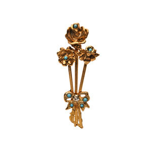 Vintage Aqua Stone Rhinestone Flower Hat Pin Gold Tone 2.75 in Stick Pin